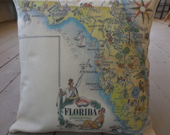 Vintage Florida Map Pillow, FL Map Pillow, Farmhouse Pillows, Travel Gift, Insert Included