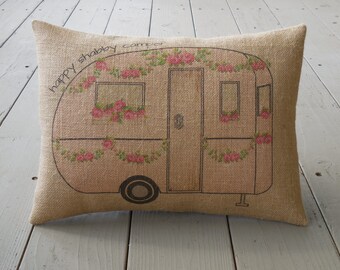 Shabby Camper Burlap Pillow, Gift for Campers, Farmhouse Pillows, Travel Gift, Insert Included