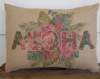 Aloha Burlap Pillow, Hawaii Pillow, Travel Gift for Hikers, Hawaiian Decor, Hawaii Souvenir