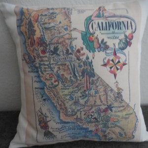 Vintage California Map Pillow, CA Map Pillow, Farmhouse Pillows, Travel Gift, Insert Included image 1