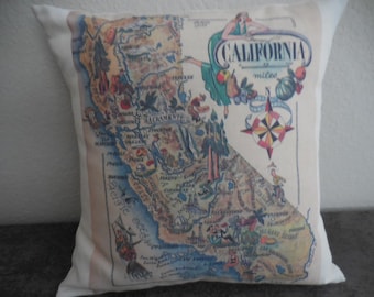 Vintage California Map Pillow, CA Map Pillow, Farmhouse Pillows, Travel Gift, Insert Included