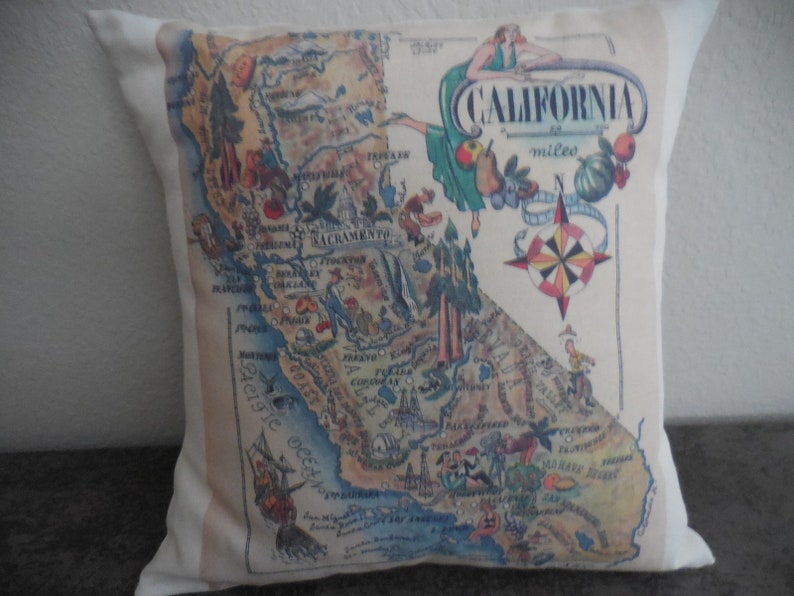 Vintage California Map Pillow, CA Map Pillow, Farmhouse Pillows, Travel Gift, Insert Included image 1