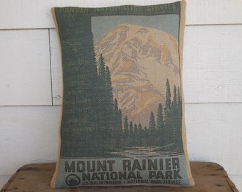 Mt Rainier Burlap Pillow, National Park Pillow, Travel Gift for Hikers, Insert Included