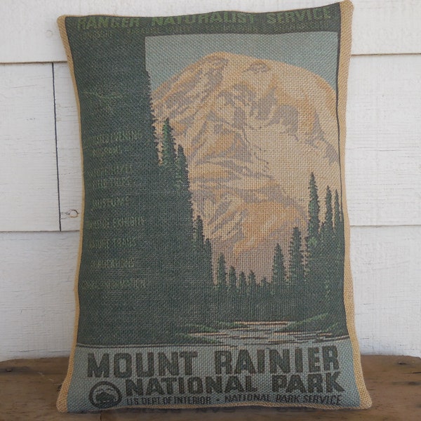 Mt Rainier Burlap Pillow, National Park Pillow, Travel Gift for Hikers, Insert Included