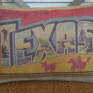Texas Burlap Pillow, TX Postcard Pillow, Farmhouse Pillows, Travel Gift, Texan Souvenir
