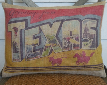 Texas Burlap Pillow, TX Postcard Pillow, Farmhouse Pillows, Travel Gift, Texan Souvenir