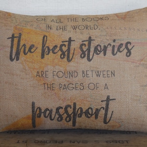 Passport Burlap Pillow, Gift for Travel Lovers, Farmhouse Pillows, Travel Themed Decor