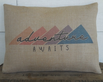 Adventure Awaits Burlap Pillow, Travel Lover Gift, Travel Themed Decor,  Insert Included