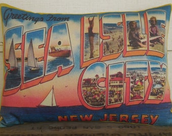 Sea Isle NJPostcard Pillow, NJ Pillow, Farmhouse Pillows, Travel Gift, New Jersey Souvenir