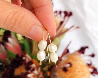 Small Hook White Baroque Pearl Earrings, Sterling Silver and 14K Gold Filled, Natural Freshwater Pearl Drops, Handmade Pearl Wire Threaders