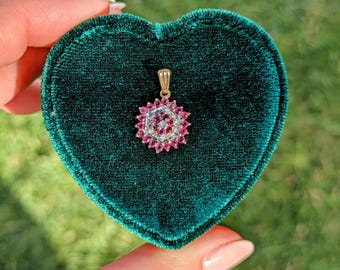 Vintage 9ct Gold Ruby Diamond Floral Pendant - July Birthstone
