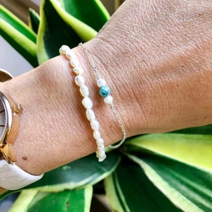 Dainty Turquoise and Pearl Bracelet, Recycled Sterling Silver, Geniune Natural Turquoise and Freshwater Pearls, 4 sizes