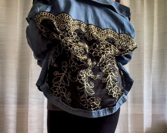 Embroidered Denim Jacket | Black and Gold Lace Jean Jacket