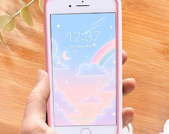 Pastel Sky Phone Wallpaper, Kawaii Cloud Rainbow Moon Wallpaper, Cute Aesthetic iPhone Android Background, Digital Download