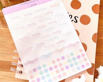Pastellfärgade veckoklistermärken, Månadsplanerark, Kawaii-klistermärkesark, Bullet Journal-klistermärken, A6-planerark