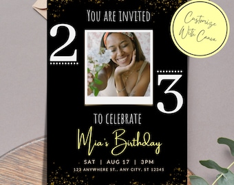 Mia's Birthday Invitation | Black and Gold | Glitter | Instant Download | Editable Canva Template | Party