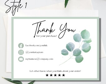 May include: A green thank you card with a watercolor eucalyptus branch design. The card includes the text "Thank You for your purchase!" and social media links for Facebook, Instagram, and email.