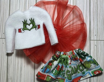 Elf sweater - Elf clothes - 12-inch doll clothes - doll tutu - girl elf skirt - elf tutu