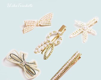 Pearl Hair Clips | Gold Pearl Hair Clips | Pearl Hair Accessory | Faux Pearl Barrette | Cute Bunny Bow Star Hair Pins | Pearl Collection