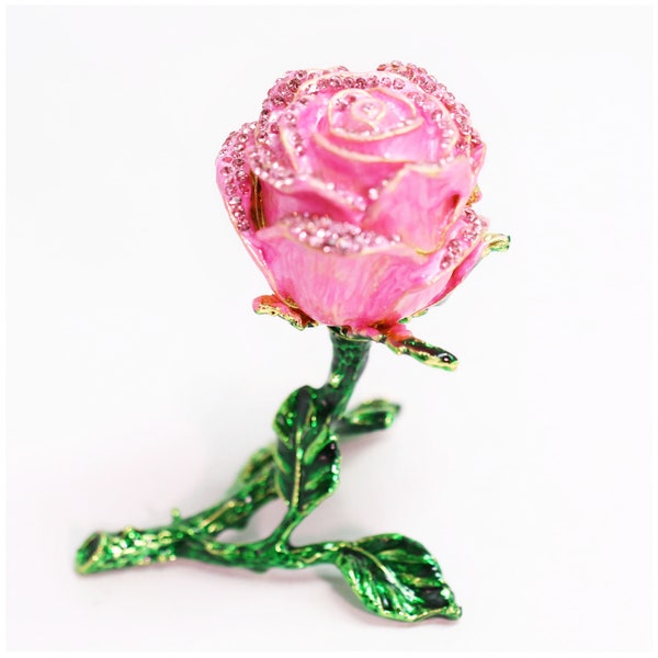 Bejeweled Enameled Trinket Box/Figurine With Rhinestones-Pink Purple Red Rose