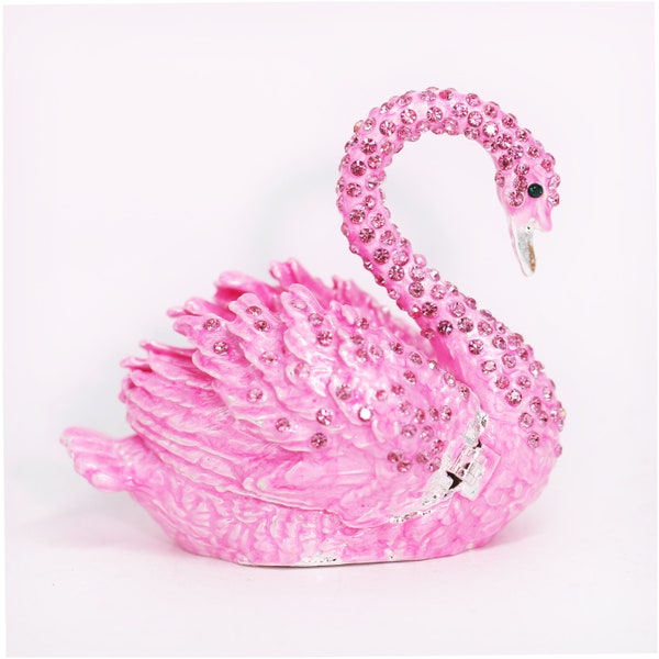 Bejeweled Enameled Animal Trinket Box/Figurine With Rhinestones-Bling Blue Pink White Swan