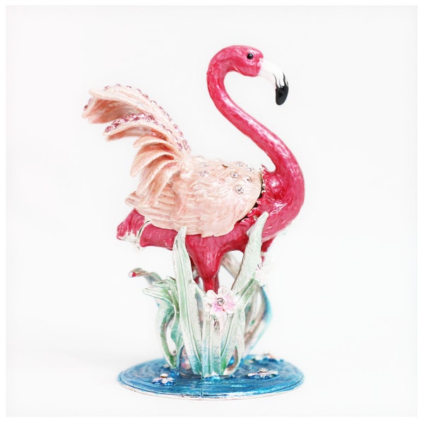 Bejeweled Enameled Animal Trinket Box/Figurine With Rhinestones- Flamingo