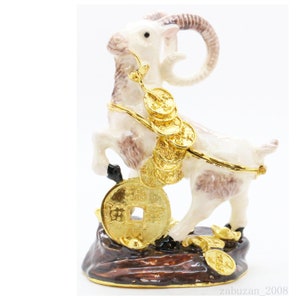 Bejeweled Enameled Animal Trinket Box/Figurine With Rhinestones-Ram On Coin