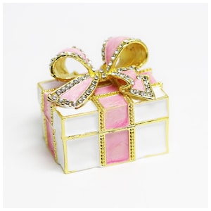 Bejeweled Enameled Trinket Box/Figurine With Rhinestones-Pink/Red Ribbon Bow Gift Box