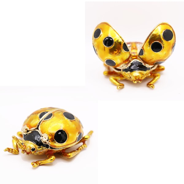 Bejeweled Enameled Animal Trinket Box/Figurine With Rhinestones-Gold/Red/Green Flying Ladybug