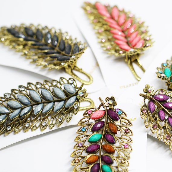 Women Girl Bronze Large Feather Crystal Rhinestones Hair 