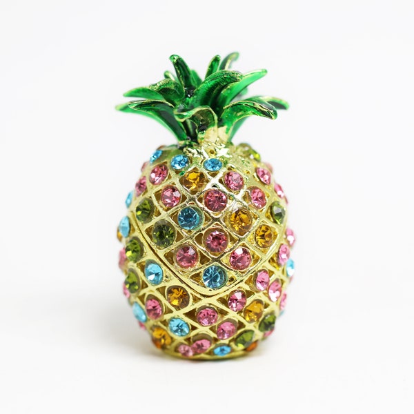 Boîte de bibelots de fruits émaillés bijoutés / figurine avec strass - petit ananas ( arc-en-ciel / rose / vert / jaune)