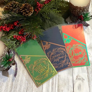 Enveloppe verticale A6 plastifiée pour couronnes de Noël | papier cartonné bleu marine/vert chatoyant/rouge chatoyant | pour la budgétisation et la gestion de trésorerie