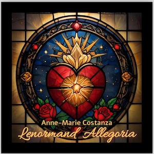 May include: A stained glass design featuring a red heart with a golden center, surrounded by a blue background with stars. The design includes roses and the text "Anne-Marie Costanza Lenormand Allegoria".