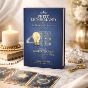 May include: A blue book titled "PETIT LENORMAND" with gold lettering and illustrations, next to tarot cards. The book's cover features the text "Le Tableau de 9 cartes enfin maîtrisé" and "MAESTRO T9 PRO". A lit candle and gold accents are also visible.
