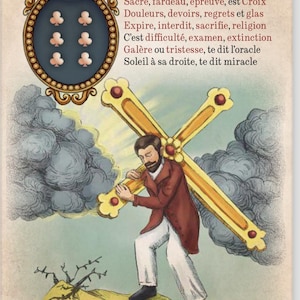 Peut inclure: Une illustration de carte de tarot vintage représentant une personne portant une grande croix en bois. La carte est numérotée 36 et intitulée "Croix". Le texte sous l'image décrit la signification de la carte en français.