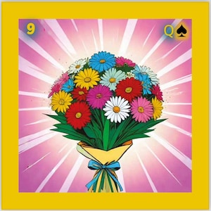 Peut inclure: Un bouquet de marguerites colorées dans des tons de jaune, rouge, rose, blanc et bleu. Les fleurs sont liées ensemble par un ruban bleu et sont disposées dans un emballage en papier jaune. L'image a un fond rose avec des rayons blancs rayonnant vers l'extérieur. Le chiffre 9 et la lettre Q avec un symbole de pique sont dans les coins supérieurs de l'image.