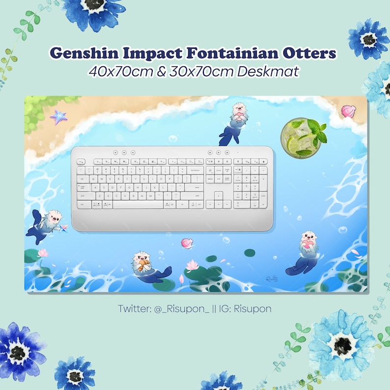 May include: A blue and white desk mat featuring a beach scene with otters, a keyboard, and a glass of lemonade. The text "Genshin Impact Fontainian Otters 40x70cm & 30x70cm Deskmat" is at the top of the mat. The text "Twitter: @_Risupon_ || IG: Risupon" is at the bottom of the mat.