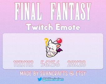Puede incluir: Un personaje blanco de Final Fantasy con una cereza roja en la cabeza y un signo de interrogación encima. El personaje lleva un vestido rosa y una capa morada. La imagen es un emoticono de Twitch. El texto "FINAL FANTASY Twitch Emote" está en la parte superior de la imagen. El texto "112X112 56X56 28X28 MADE BY SVANCRAFTS @ ETSY @Milleniariam" está en la parte inferior de la imagen.