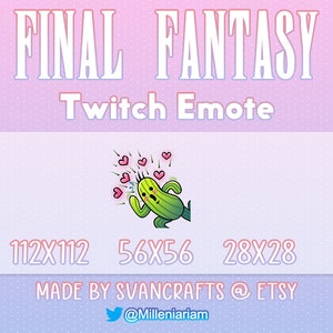 Puede incluir: Un personaje de cactus verde con un corazón rosa en la cabeza y corazones rosas volando a su alrededor. El texto "FINAL FANTASY Twitch Emote" está por encima de la imagen. El texto "112X112 56X56 28X28 MADE BY SVANCRAFTS @ ETSY @Milleniariam" está debajo de la imagen.