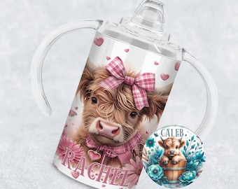 Adult sippy cup with spout for disabled, Personalised two handled Highland cow mug, perfect birthday presents for her, nanny gift