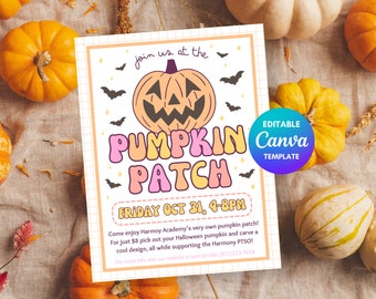 Plantilla de volante para evento de Halloween con calabazas (plantilla editable en Canva)
