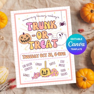 Puede incluir: Un folleto imprimible rosa y amarillo que anuncia un evento Trunk or Treat en la Academia Harmony el martes 31 de octubre de 6 a 9 pm. El folleto incluye detalles sobre un concurso de decoraci&oacute;n de autos, dulces, rifa, m&uacute;sica en vivo, camiones de comida y juegos. El folleto est&aacute; decorado con un fantasma, una calabaza y una ara&ntilde;a.