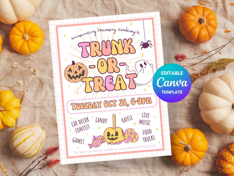 Puede incluir: Un folleto imprimible rosa y amarillo que anuncia un evento Trunk or Treat en la Academia Harmony el martes 31 de octubre de 6 a 9 pm. El folleto incluye detalles sobre un concurso de decoraci&oacute;n de autos, dulces, rifa, m&uacute;sica en vivo, camiones de comida y juegos. El folleto est&aacute; decorado con un fantasma, una calabaza y una ara&ntilde;a.