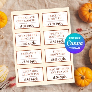 Herfst bak verkoop prijskaartjes sjabloon, herfst bak verkoop itemlabels voor kerkevenement, PTA fondsenwerving, herfst PTO evenementen, herfstfestivalmarkt