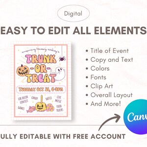 Puede incluir: Un folleto digital imprimible para un evento Trunk or Treat. El folleto es rosa y blanco con un fantasma y una calabaza de dibujos animados. El texto en el folleto dice "announcing Harmony Academy's Trunk or Treat, Tuesday Oct 31, 6-9pm".