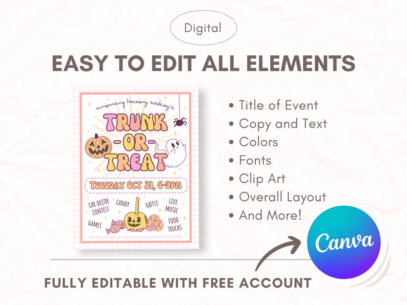 Puede incluir: Un folleto digital imprimible para un evento Trunk or Treat. El folleto es rosa y blanco con un fantasma y una calabaza de dibujos animados. El texto en el folleto dice "announcing Harmony Academy's Trunk or Treat, Tuesday Oct 31, 6-9pm".