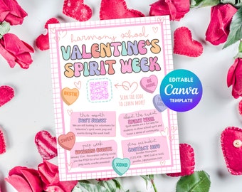 Valentine's Spirit Week Flyer Editable, Spirit Week PTA Fundraiser, Canva Template for PTO Events, Valentine's Day Flyer, Valentine Events