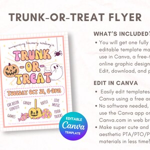 Puede incluir: Un folleto imprimible rosa y naranja para un evento Trunk-or-Treat en Harmony Academy el martes 31 de octubre de 6 a 9 pm. El folleto incluye detalles sobre un concurso de decoraci&oacute;n de autos, dulces, rifa, m&uacute;sica en vivo, camiones de comida y juegos. El folleto es editable en Canva.