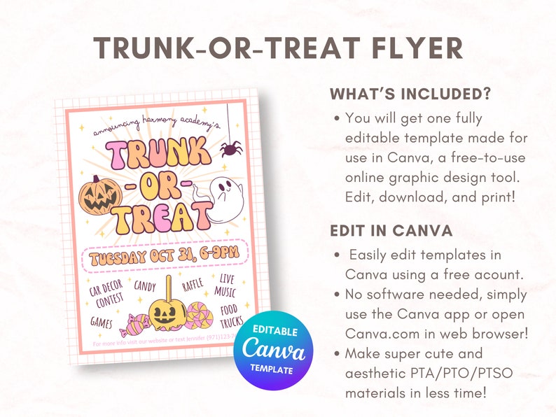 Puede incluir: Un folleto imprimible rosa y naranja para un evento Trunk-or-Treat en Harmony Academy el martes 31 de octubre de 6 a 9 pm. El folleto incluye detalles sobre un concurso de decoraci&oacute;n de autos, dulces, rifa, m&uacute;sica en vivo, camiones de comida y juegos. El folleto es editable en Canva.