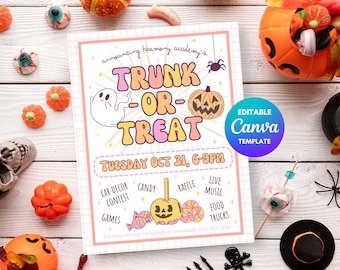 Plantilla de volante "Baúl o Trato", evento de Halloween, Asociación de Padres y Maestros (PTA) de la escuela (plantilla de Canva)